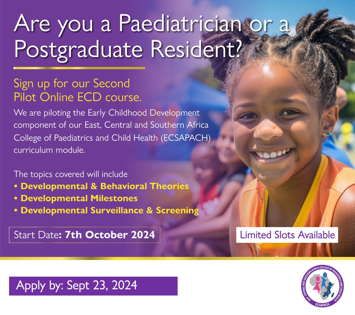 Kenyapaeds's tweet image. Are you looking to boost your knowledge of Early Childhood Development? Register for the ECSAPACH Online ECD Course today!

To sign up: ecsapach.org/early-childhoo…