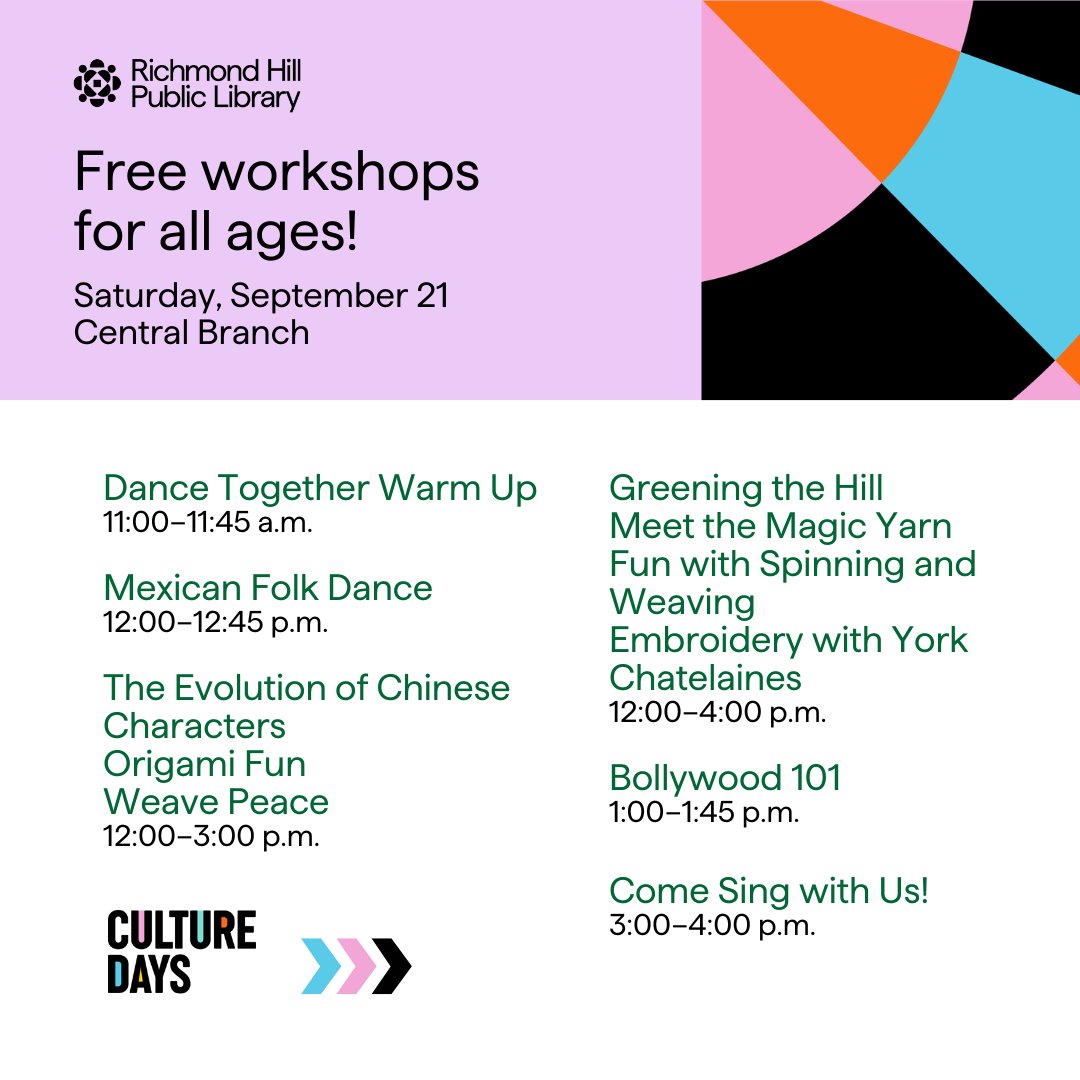 Richmond Hill Public Library (@richmondhillpl) on Twitter photo 🎉 <a href="/CultureDays/">Culture Days</a> is back and better than ever! Join us at Central Branch this Sat., Sept. 21 for free cultural performances, workshops, and family-friendly fun. From Chinese calligraphy to Bollywood dancing, there’s something for everyone. Find out more: bit.ly/3X88SGp 🎉 <a href="/CultureDays/">Culture Days</a> is back and better than ever! Join us at Central Branch this Sat., Sept. 21 for free cultural performances, workshops, and family-friendly fun. From Chinese calligraphy to Bollywood dancing, there’s something for everyone. Find out more: bit.ly/3X88SGp