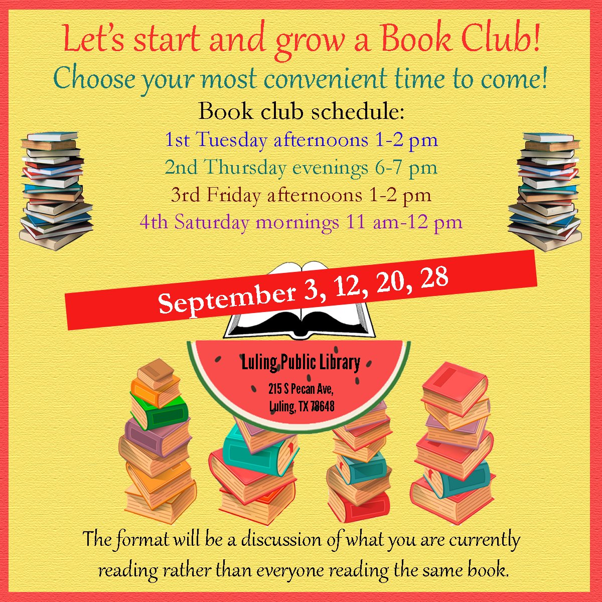 LulingPbLibrary's tweet image. Love talking about books? Come join our Random Readers group and discuss what you are currently reading. The next gathering is tomorrow, Friday the 20th, at 1 pm. #letstalkbooks #bookclub #discussliterature #lulingtexas #lulingpubliclibrary