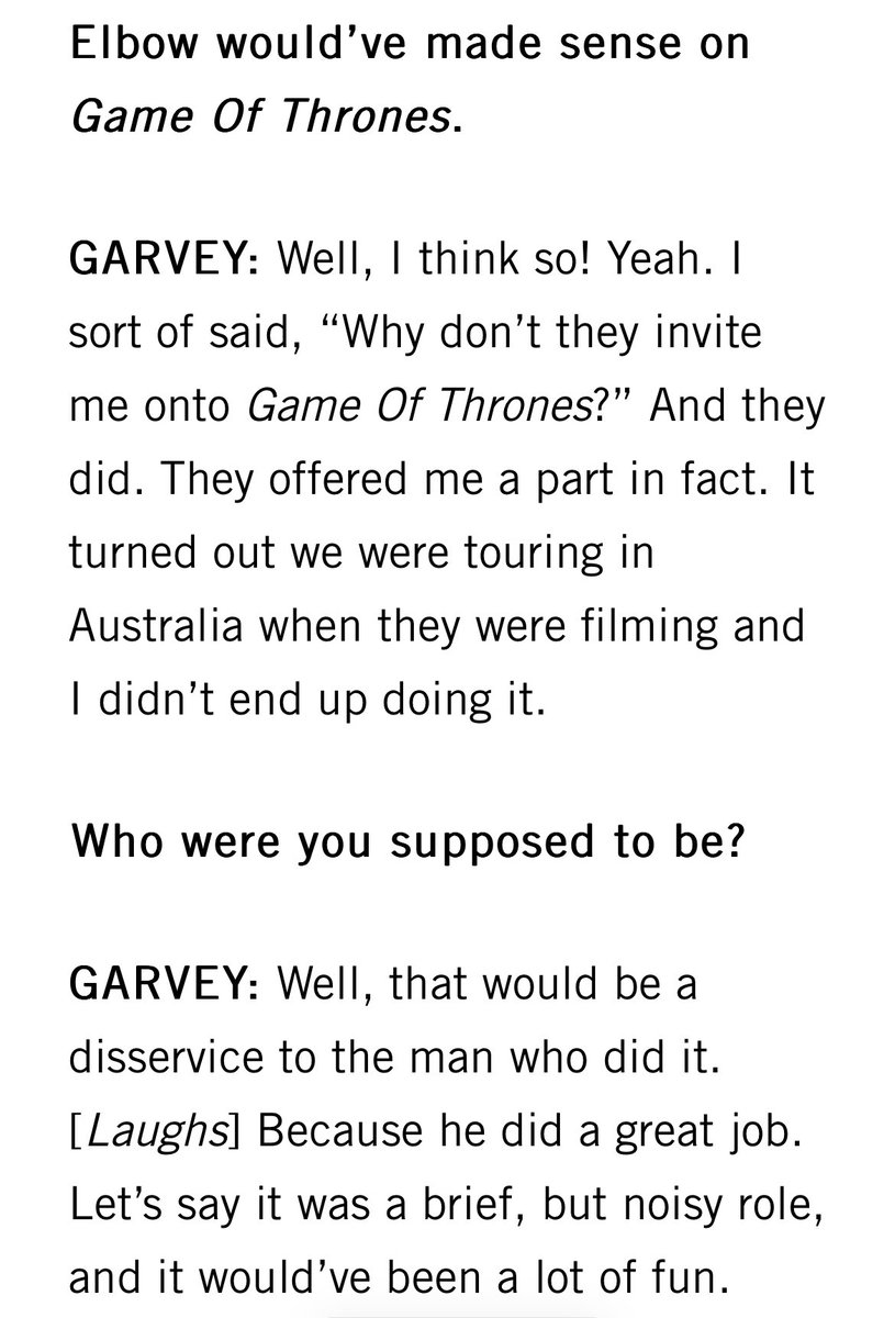 Just been reminded of the time I stepped in for Guy Garvey on Game of Thrones..

Cheers Guy! I’d have offered to front for <a href="/Elbow/">elbow</a> in Oz if I’d known..

Full interview: bit.ly/3281TUZ