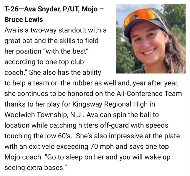 Ava Snyder || 2026 (@avasnyder2026) on Twitter photo So honored to be named #26 in the 2026 class with a bunch of other talented athletes! Thank you <a href="/LineDsoftball/">Line Drive Media</a> !! 🧡💙
<a href="/TNMojo07/">Mojo Bruce Lewis</a> <a href="/CoachBruceMojo/">Bruce Lewis</a> <a href="/MojoWade07/">Mojo Coach Wade</a> So honored to be named #26 in the 2026 class with a bunch of other talented athletes! Thank you <a href="/LineDsoftball/">Line Drive Media</a> !! 🧡💙
<a href="/TNMojo07/">Mojo Bruce Lewis</a> <a href="/CoachBruceMojo/">Bruce Lewis</a> <a href="/MojoWade07/">Mojo Coach Wade</a>