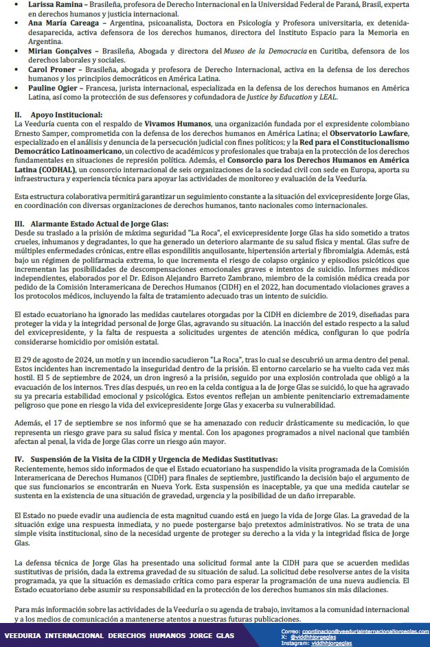El 17 de septiembre, se constituyó formalmente la Veeduría Internacional de Derechos Humanos en el Caso de <a href="/JorgeGlas/">Jorge Glas</a>
Roberto Caldas ha sido electo para coordinarla junto con los 20 expertos en derechos humanos, derecho internacional y justicia transicional que la constituyen: