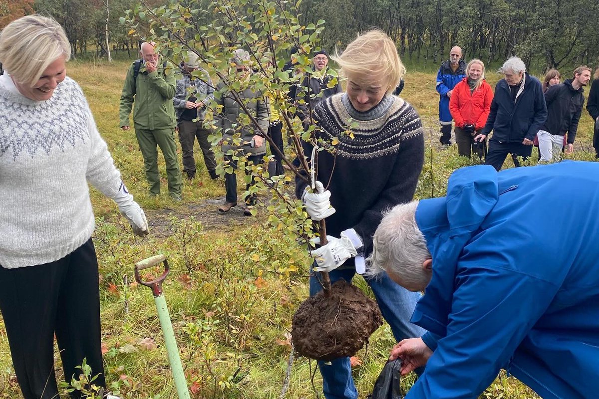 NorwayinIceland's tweet photo. Yesterday was the 75th anniversary of the 🇳🇴🇮🇸 forestry cooperation.

On this occasion, Ambassador @ceciliewil and President of Iceland @HallaTomas planted three trees - to symbolize the friendship between #Norway and #Iceland 🌲🤝💚 https://t.co/J1qwVNtF0n
