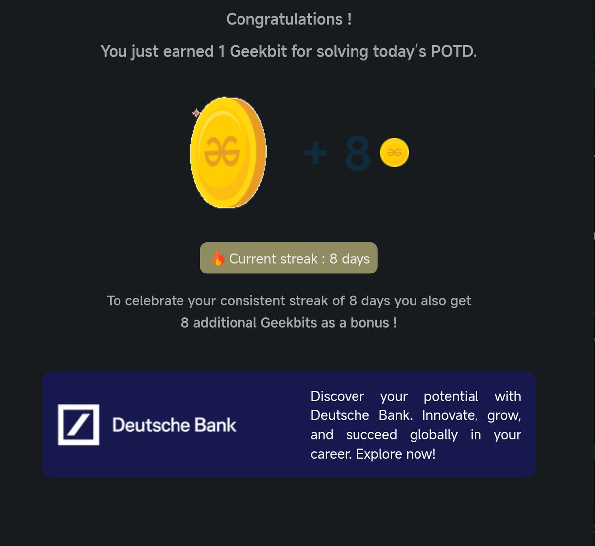 Pprratikk's tweet image. Day 8 of 21 day coding challenge
@geeksforgeeks
@DeutscheBank
#21DaysOfCoding #CodingChallenge #LearnToCode #GeekForGeeks #ING #DeutscheBank #geekstreak2024
