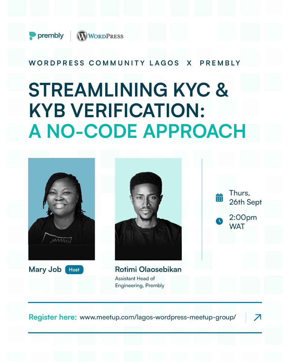 The Lagos WordPress Community, <a href="/WPLagos/">Lagos WordPress Community</a> is hosting a Virtual Meet-up, and we’re thrilled to be part of it! 

Our Assistant Head of Engineering, Rotimi Olaosebikan, will be leading an insightful session on Streamlining KYC and KYB Verification: A No-Code Approach.🎙️

Get ready to