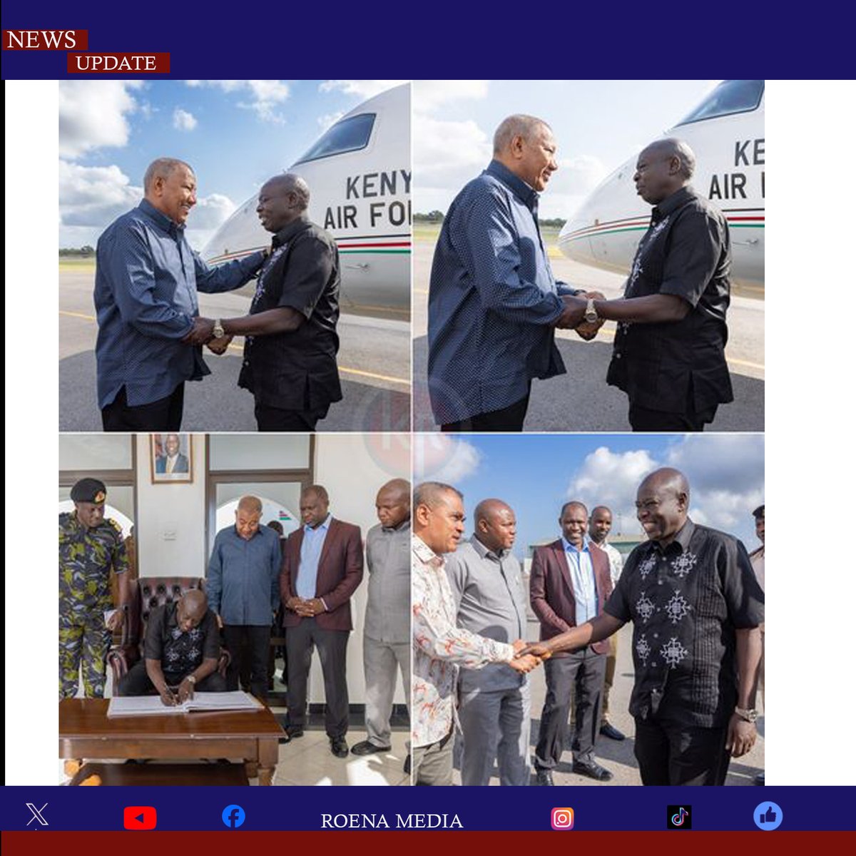 RoenaMedia's tweet photo. Governor Issa Timamy welcomed Deputy President Rigathi Gachagua at Manda Bay Airstrip in Lamu County. The Deputy President is in Lamu to attend the burial service of the late Deputy Governor HE Raphael Munyua. #LamuCounty #RIPMunyua https://t.co/479Rrf57qt