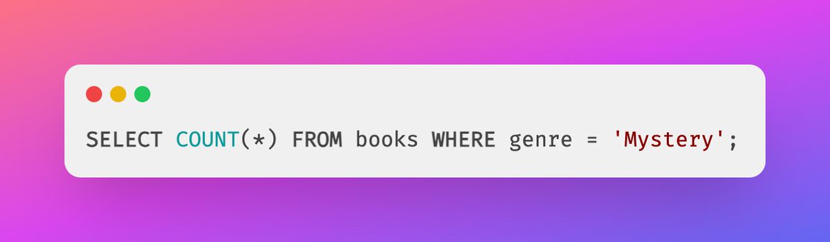 Yuvaraj81763681's tweet image. 27/
You can combine COUNT with WHERE:
This counts how many mystery books you have. It's like asking, "How many whodunnits do we have?" #SQLAggregation