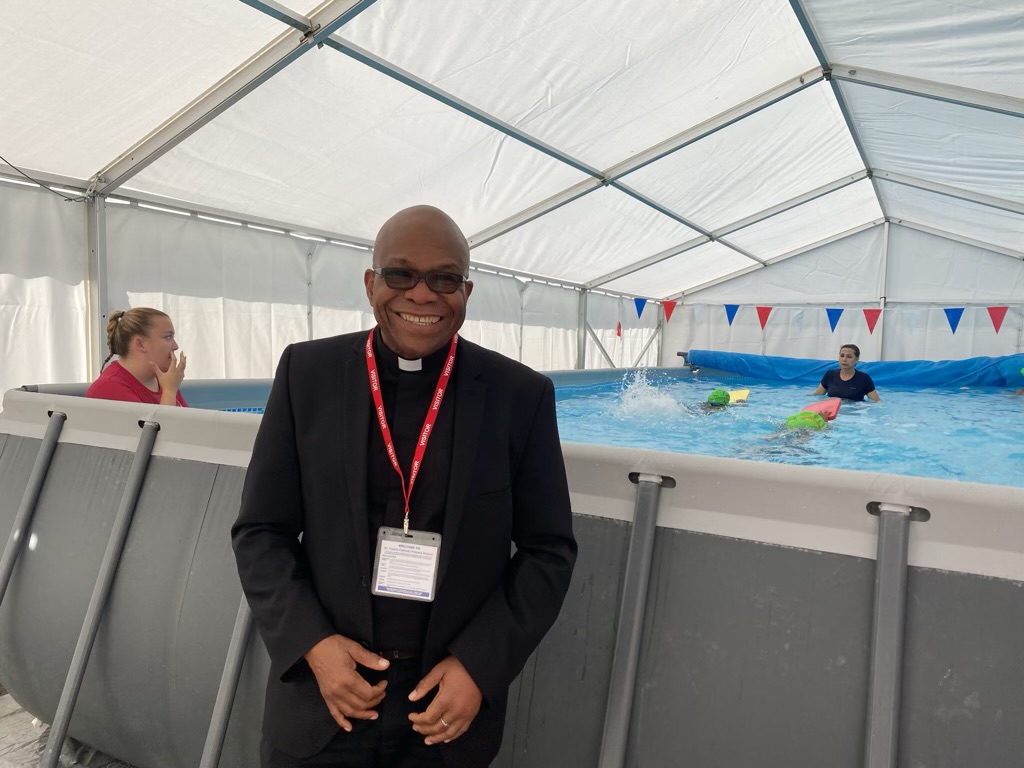 Fr Victor couldn’t quite be persuaded to join in the pool fun at <a href="/headstfidelis/">St. Fidelis School</a> . Fantastic water sports going on!