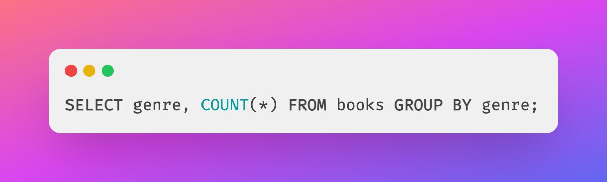 Yuvaraj81763681's tweet image. 29/
When you use aggregate functions, you often want to group your data. That's where GROUP BY comes in: 
This counts how many books you have in each genre. 
The query will return the number of books for each genre. For example, the result might look like this:
#SQLGroupBy