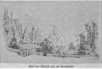Colmar Freiherr Von Der Goltz'un 'Anadolu Gezileri' isimli eserinde Orhangazi Cami ve Şeyh Edebali türbesini gösteren gravür.