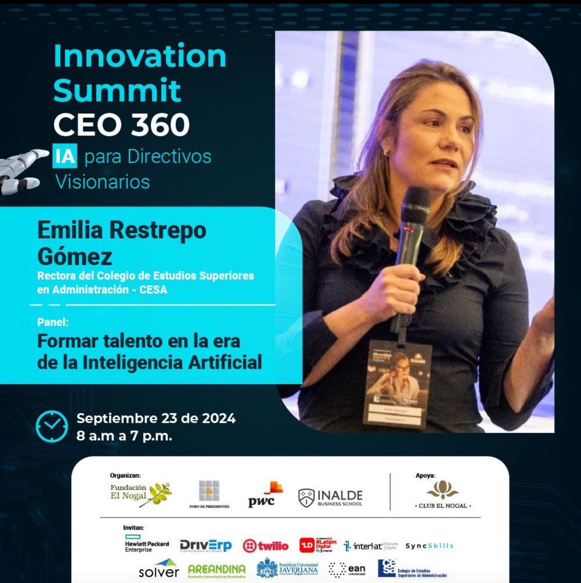 Los invito al #InnovationSummitCEO360IA, donde exploraremos el impacto de la IA en el mundo empresarial y cómo acelerar su integración con enfoque ético. Estaré en el panel "¿Cómo formar a la próxima generación de líderes en un mundo impulsado por IA?" discutiendo cómo preparar