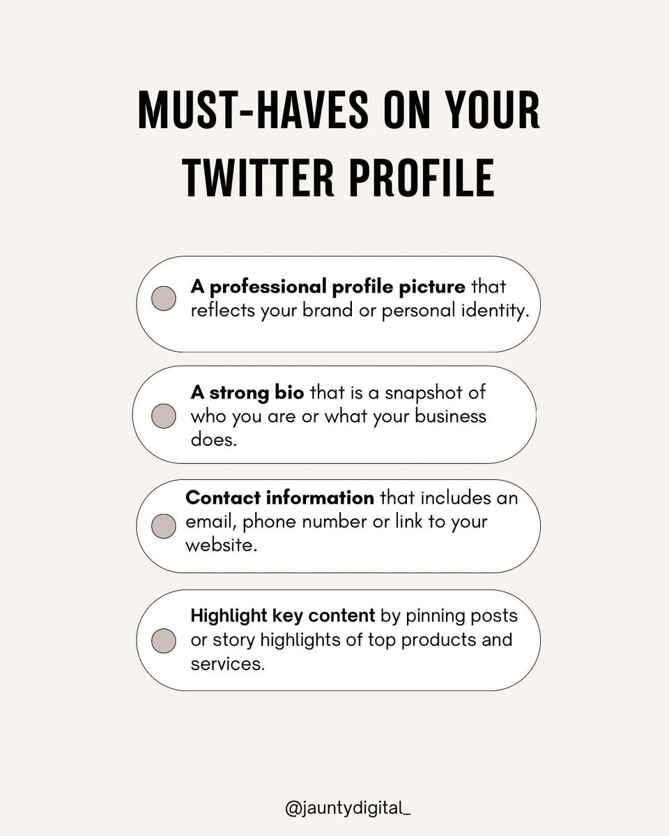 jauntydigital's tweet image. Let your profile be your first selling point. First impressions matter a lot. Make sure your profile is working for you with these 5 must-haves.
#jauntydigital #profileoptimization #socialmediasuccess