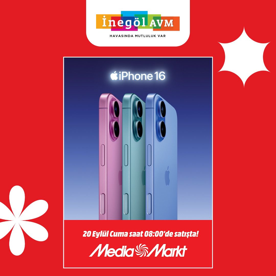 inegolAVM's tweet image. Yeni iPhone&apos;unuzu keşfetmeye hazır mısınız? 🎉

20 Eylül Cuma günü saat 08:00 itibarıyla İnegöl AVM Media Markt&apos;ta sizleri bekliyoruz.

#iPhone16 #RenklerinDünyası