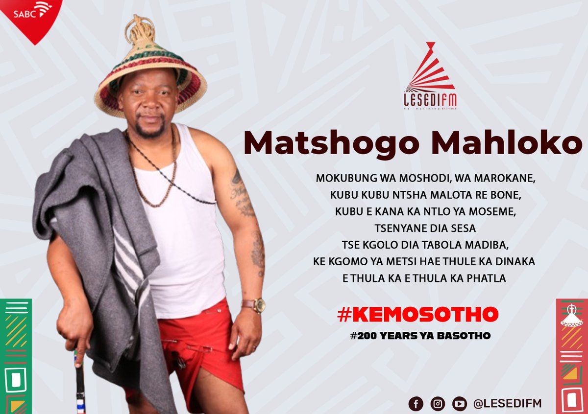 LesediFM's tweet photo. Matshogo Mahloko #KeMosotho.
Seboko sa hao ke mang ? Ipolele.
#200YearsYaBasotho #KeMollelwa #KgwediYaBotjhaba https://t.co/8nfkrQ1uru