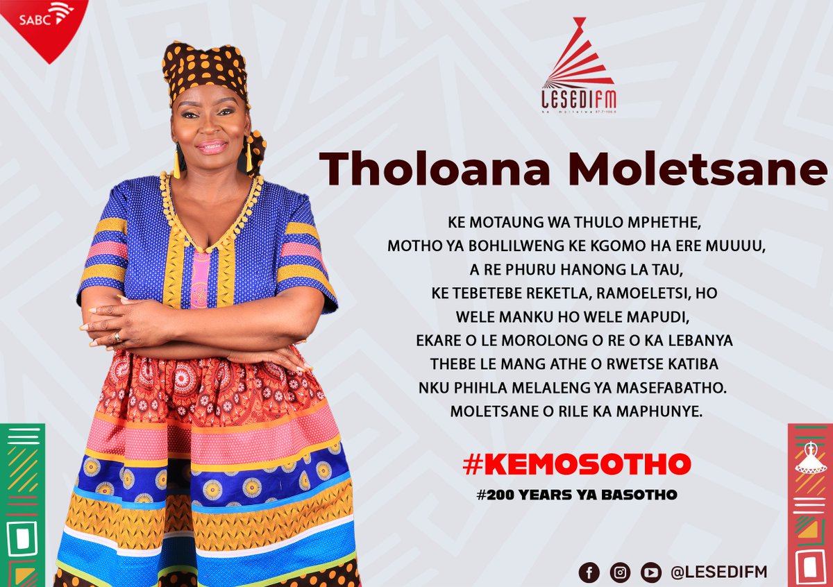 LesediFM's tweet photo. Tholoana Moletsane #KeMosotho.
Seboko sa hao ke mang ? Ipolele.
#200YearsYaBasotho #KeMollelwa #KgwediYaBotjhaba https://t.co/k32mu7DWAN