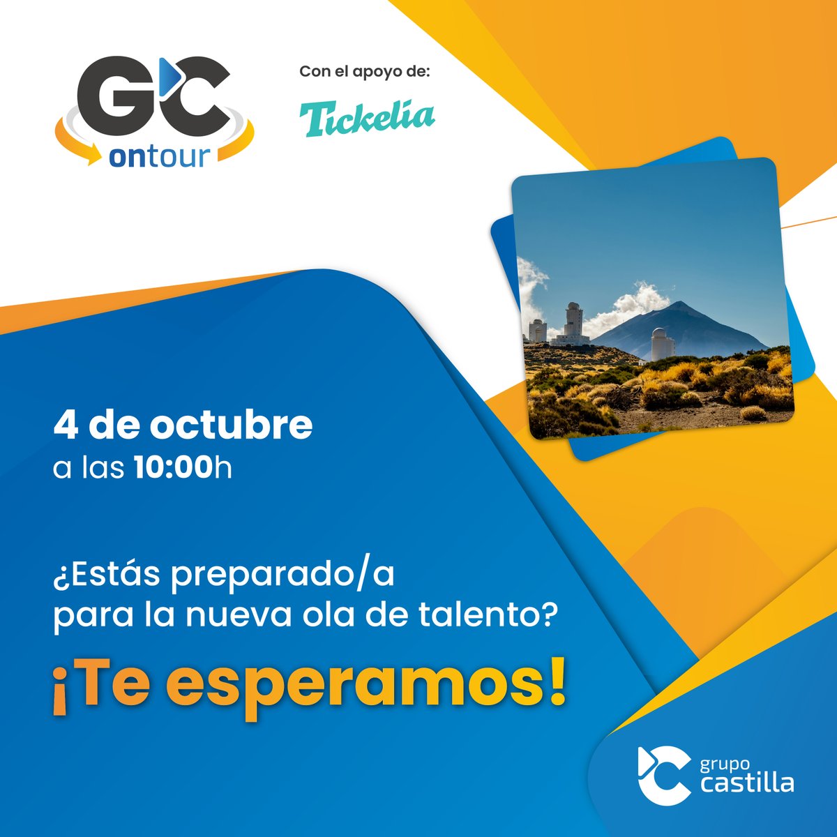 GrupoCastilla's tweet photo. #EVENTO🙌 ¡Volvemos con los #GCOnTour!
📅 4/10, 10h en La Laguna Gran Hotel de Tenerife.
Con Maite Salazar de @PortsSCTenerife , Xavier Molina de nuestro patrocinador @Tickelia_Soft y Francisco Romero de @coocreando , nuestra filial.
Más info aquí: https://t.co/tHhD5HnjUB https://t.co/mnBDAWvmPO