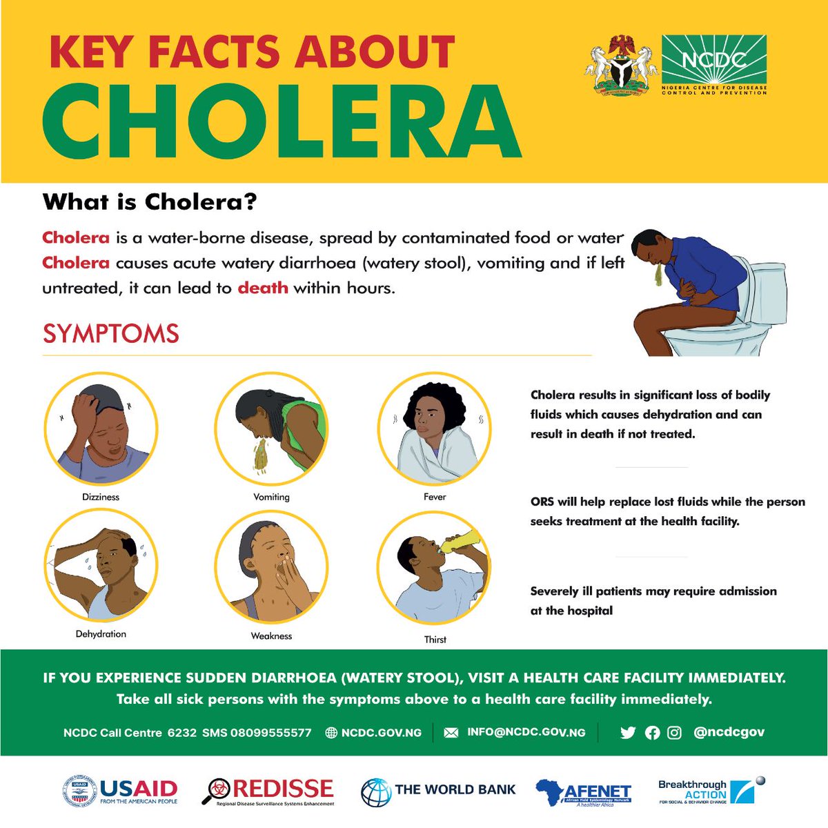 NCDCgov's tweet image. People who consume potentially contaminated food or fruits without washing and cooking properly are at higher risk of #cholera infection.

✅Ensure that food is well cooked before consumption.

✅Only consume raw food such as fruits and vegetables, after washing thoroughly with…