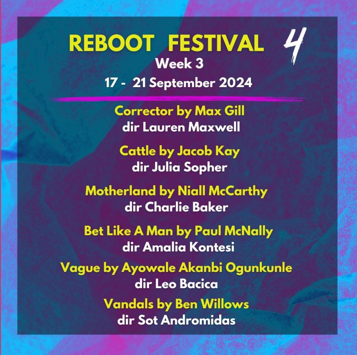 Week 3 of Reboot Festival is live at <a href="/BaronsCourt_W14/">Barons Court Theatre</a> 

Our Artistic Director and Founder of Persever Productions Charlie is directing Motherland by Niall McCarthy!

We also have another member of the Persever Family taking part <a href="/kaycobjay/">Jacob Kay</a> has their piece Cattle.

Don’t miss out!