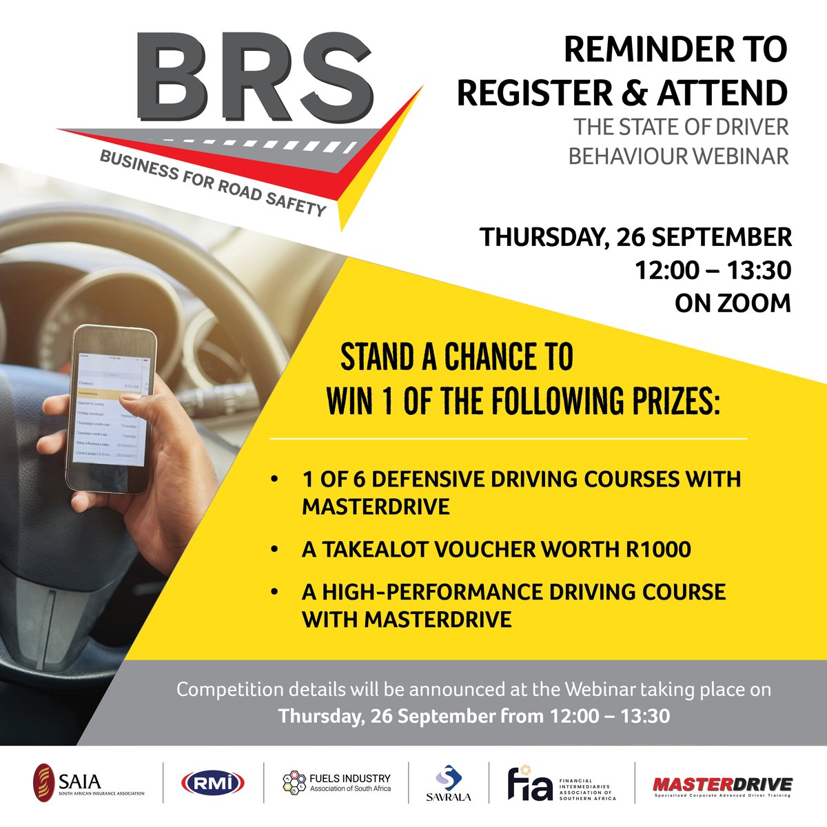 Be part of the conversation and stand a chance to win amazing prizes!

The BRS Webinar is another initiative aimed at reflecting  on South Africa's journey to reducing road crashes by 50% by 2030.

Click and register: zoom.us/webinar/regist… 

 #DoNotTextAndDrive #RoadSafety