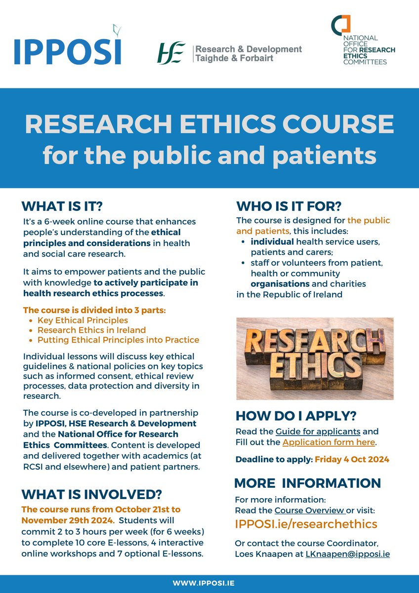 In partnership with @ipposi, @nrec, and our patient partners, we are proud to launch a new 6-week online course on Research Ethics, tailored for patients and the public.
Interested in Applying? Click here. 👇ipposi.ie/researchethics/