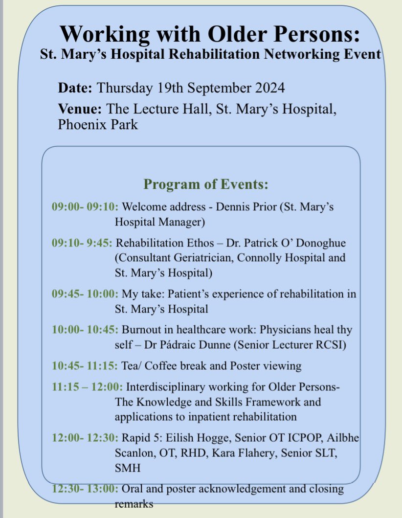 Dr Padraic Dunne <a href="/RCSI_Irl/">RCSI</a> , highlighting the importance of “thriving in healthcare”, at St. Mary’s Hospital, Phoneix Park. Test your burnout status every 6 months and build your own individual toolkit 📚#rehabinthepark
