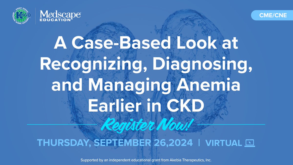 Join us for the virtual #CME/#CNE webinar "A Case-Based Look at Recognizing, Diagnosing, and Managing Anemia Earlier in CKD" on Thursday, September 26, at 12:00 PM ET. Register: kdigo.co/Anemia-DD-CKD-…

This webinar, led by Dr. Matthew Weir, will address the role and appropriate