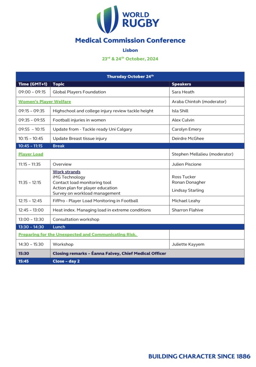 Medical Commission Conference 2024 ｜ World Rugby 

22-24 October - Lisbon 

Register for online attendance via the link below.

world.rugby/the-game/playe… #rugby via @worldrugby