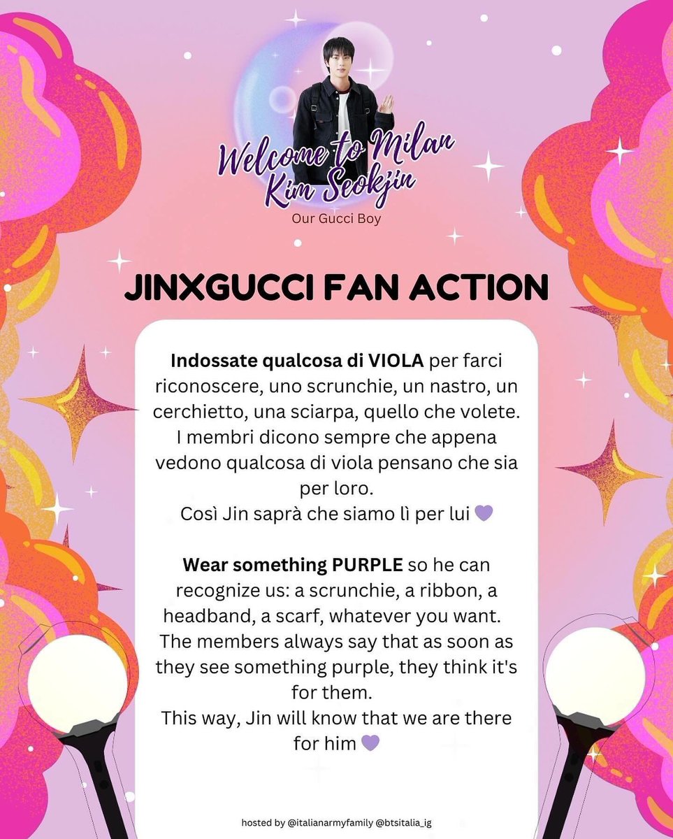 italianarmyfam_'s tweet photo. 💜 WELCOME TO MILAN KIM SEOKJIN 💜

Il giorno della sfilata di Gucci a Milano il 20/9 per farci riconoscere da #JIN indossate qualcosa di VIOLA~

Nei poster trovate anche altri consigli 💜

GUCCI BOY JIN
JIN GUCCI GLOBAL AMBASSADOR
#JinxGucci @BTS_twt https://t.co/Wd3It2OH4n