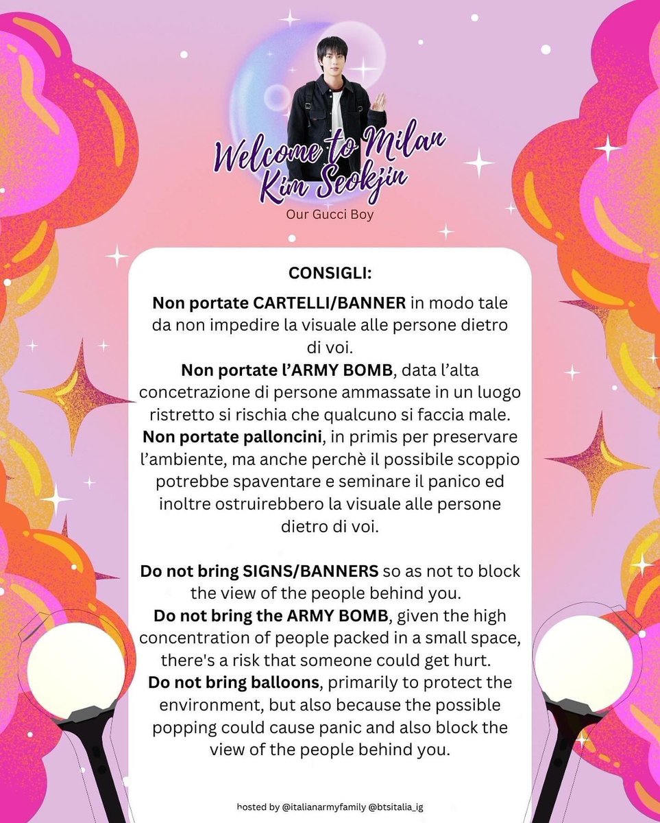 italianarmyfam_'s tweet photo. 💜 WELCOME TO MILAN KIM SEOKJIN 💜

Il giorno della sfilata di Gucci a Milano il 20/9 per farci riconoscere da #JIN indossate qualcosa di VIOLA~

Nei poster trovate anche altri consigli 💜

GUCCI BOY JIN
JIN GUCCI GLOBAL AMBASSADOR
#JinxGucci @BTS_twt https://t.co/Wd3It2OH4n