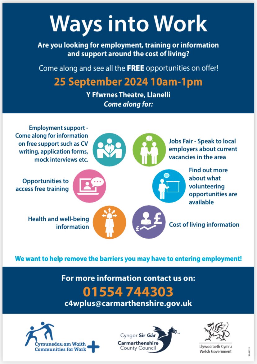 Digwyddiad rhad ’Ffyrdd o gael Gwaith’ | Free event ‘Ways into Work’ <a href="/cyngorsirgar/">Cyngor Sir Gâr</a> <a href="/llywodraeth/">.</a> <a href="/Ysgol_Strade/">Ysgol Y Strade</a> <a href="/ChwechedyStrade/">Chweched y Strade</a>