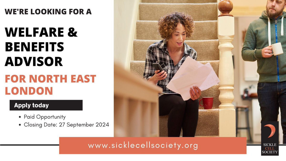 Could you help to support people living with Sickle Cell Disorder, Thalassemia and Rare Inherited Anaemias in East London and Essex, by providing welfare and benefits advice?  Read more about the role and download the job description on our website buff.ly/3XNzuxR