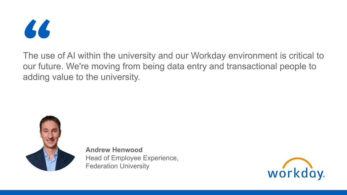 Andy_Clayton's tweet image. Find out how Federation University is increasing employee engagement and improving decision-making with #WorkdayAI. #TeamWDAY bit.ly/47wU3St