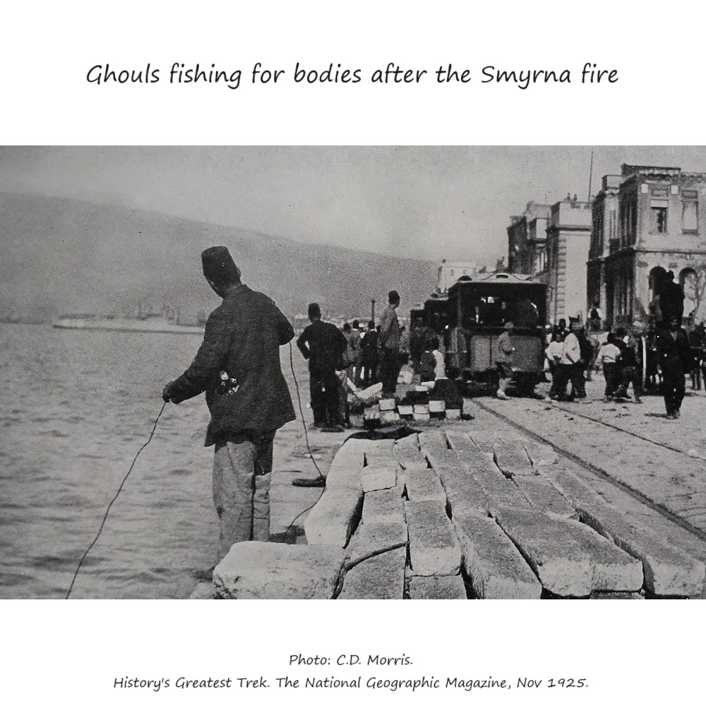 During the #SmyrnaHolocaust, Christians committed suicide in the Smyrna waters to avoid the cruel Turkish guards or the fire. After the fire was extinguished, Turks could be seen fishing for loot (jewelry, money) from the corpses laying under water. 
greek-genocide.net