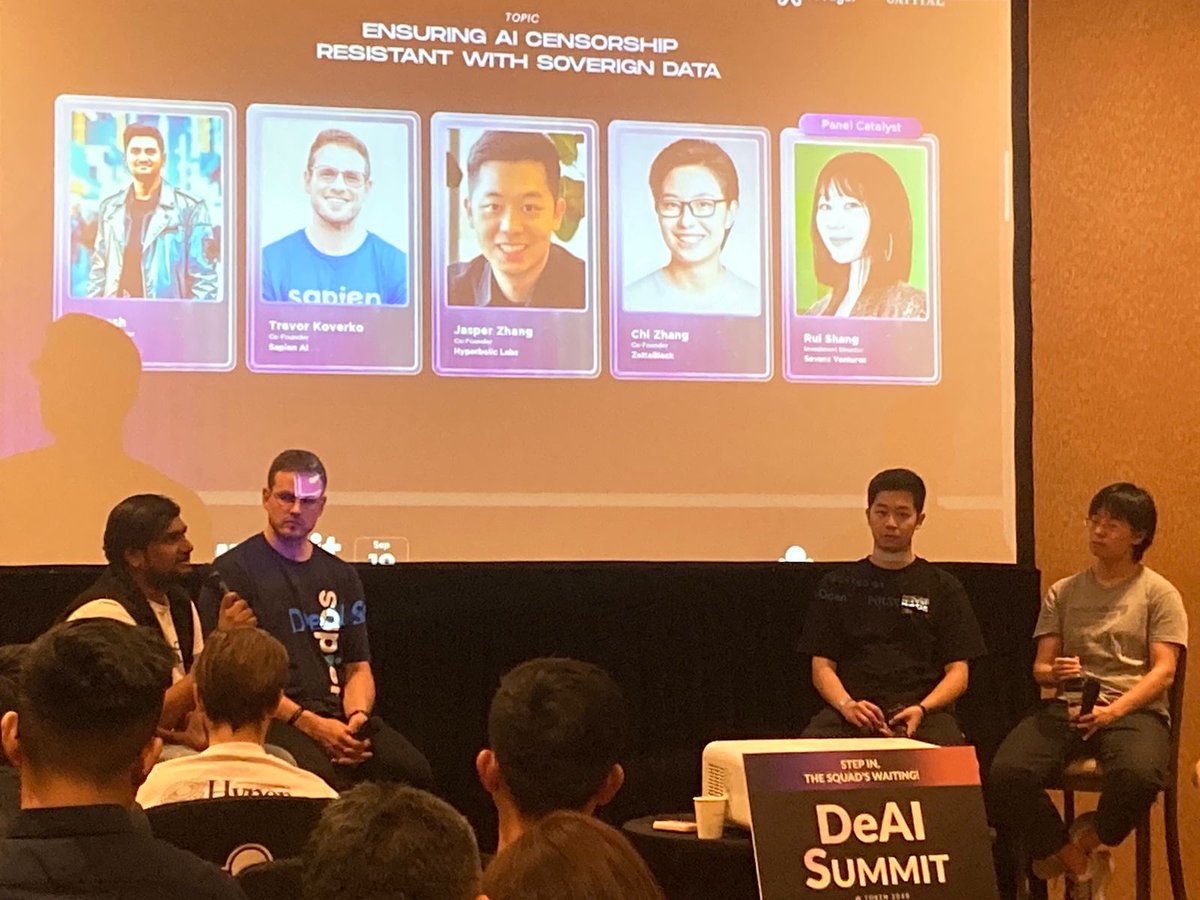 Openledger (@openledgerhq) on Twitter photo What an incredible session we just witnessed at Panel 2 of the DeAI Summit!
The conversation on 'Ensuring AI Censorship-Resistant with Sovereign Data' brought groundbreaking perspectives from <a href="/ElangovanKamesh/">Kamesh ππ©ππ§ππππ ππ« πΊπΈ</a> of <a href="/OpenledgerHQ/">Openledger</a> , <a href="/trevorkoverko/">Trevor Koverko</a> from <a href="/SapienGamified/">Sapien AI</a> , <a href="/zjasper666/">Jasper</a> What an incredible session we just witnessed at Panel 2 of the DeAI Summit!
The conversation on 'Ensuring AI Censorship-Resistant with Sovereign Data' brought groundbreaking perspectives from <a href="/ElangovanKamesh/">Kamesh ππ©ππ§ππππ ππ« πΊπΈ</a> of <a href="/OpenledgerHQ/">Openledger</a> , <a href="/trevorkoverko/">Trevor Koverko</a> from <a href="/SapienGamified/">Sapien AI</a> , <a href="/zjasper666/">Jasper</a>