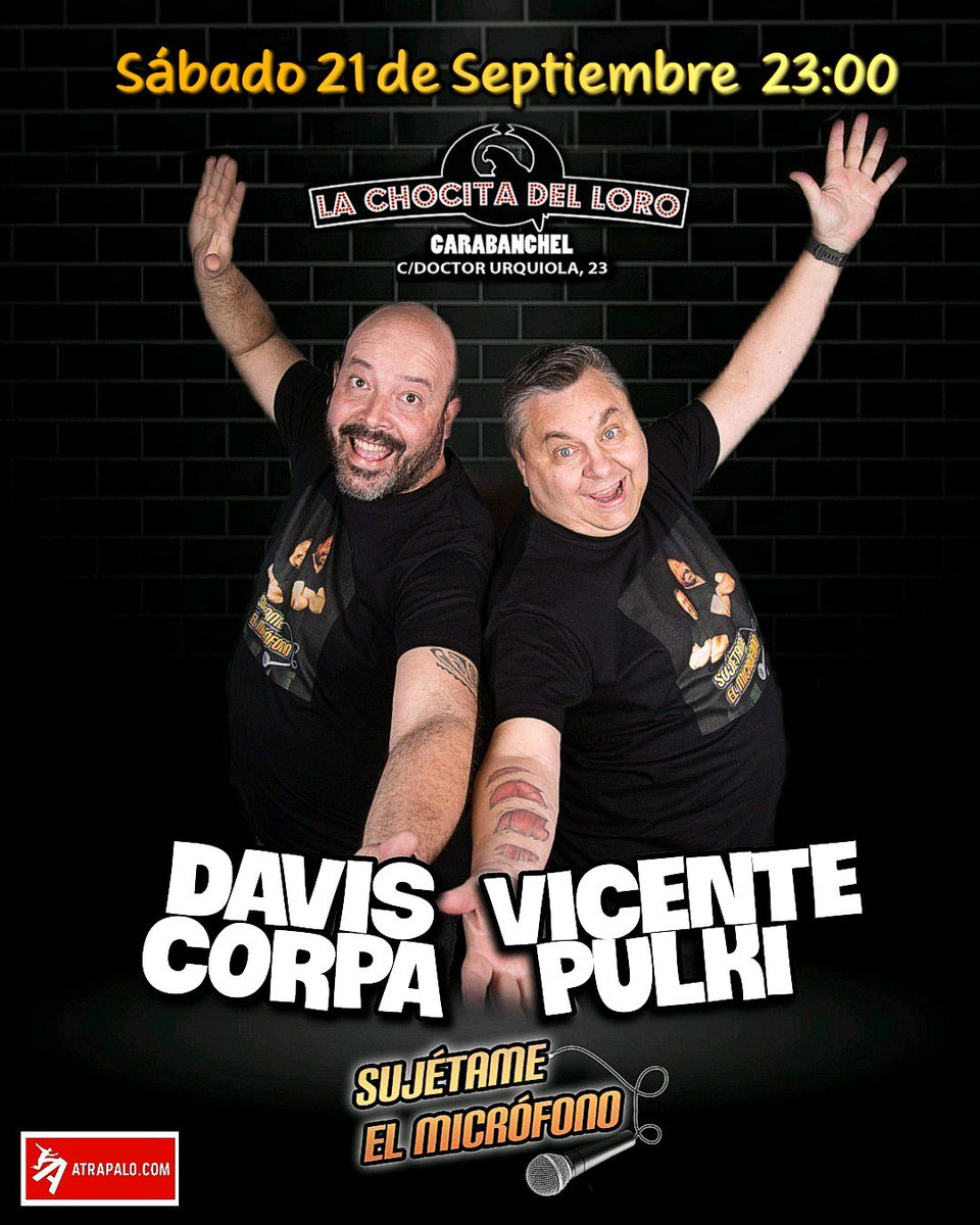 Davis Corpa (@daviscorpa) on Twitter photo 🎤Este sábado volvemos a la <a href="/chocitadelloro/">La Chocita del Loro</a> de Carabanchel con nuestro espectáculo #sujetameelmicrofono
No te pierdas este dúo cómico tan original y divertido.
atrapalo.com/entradas/monol…
.
#risas #monologo #humor #comedia #ociomadrid #planazo #carabanchel 🎤Este sábado volvemos a la <a href="/chocitadelloro/">La Chocita del Loro</a> de Carabanchel con nuestro espectáculo #sujetameelmicrofono
No te pierdas este dúo cómico tan original y divertido.
atrapalo.com/entradas/monol…
.
#risas #monologo #humor #comedia #ociomadrid #planazo #carabanchel