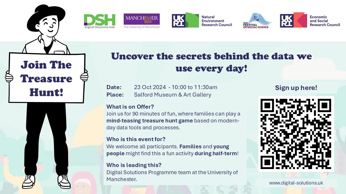 DSH will be at #McrESRCFest 2024!

Explore how data that powers our everyday digital experiences is collected, processed, &amp; delivered - through a fun &amp; interactive treasure hunt!

📅 23 October 10-11:30AM
📍 Salford Museum

⬇️ Sign Up

#ESRCFestival #DataScience #DigitalLife