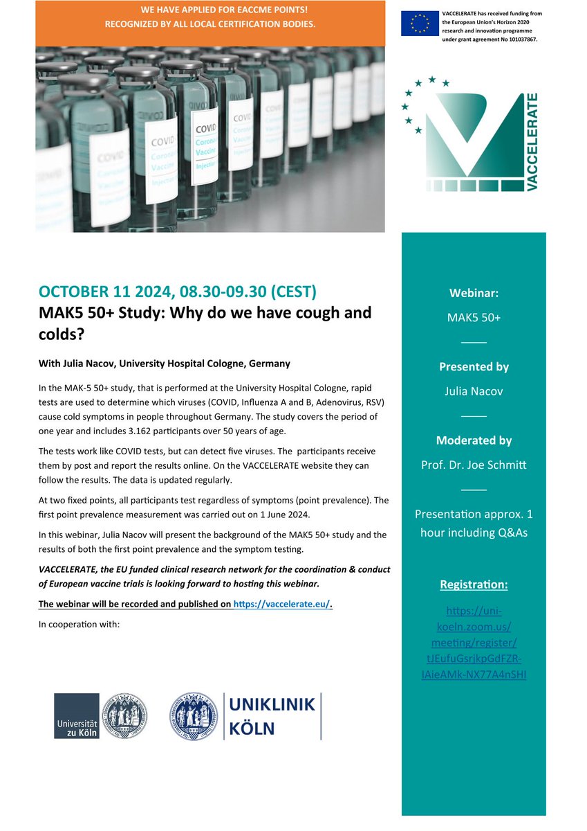 VACCELERATE Consortium 🇪🇺🇺🇦 (@vaccelerate_eu) on Twitter photo Join us for our next #VACCELERATE #webinar: "MAK5 50+ Study: Why do we have cough and colds?"
Which viruses are most common and where? <a href="/JuliaNacov/">Julia A. Nacov</a> explains study and background. With <a href="/Prof_Schmitt/">Joe Schmitt</a>.
Registration: uni-koeln.zoom.us/meeting/regist…
<a href="/EU_HaDEA/">HaDEA</a> <a href="/UKKoeln/">Uniklinik Köln</a> <a href="/UniCologne/">Universität zu Köln</a> <a href="/CECAD_/">CECAD Cologne</a> Join us for our next #VACCELERATE #webinar: "MAK5 50+ Study: Why do we have cough and colds?"
Which viruses are most common and where? <a href="/JuliaNacov/">Julia A. Nacov</a> explains study and background. With <a href="/Prof_Schmitt/">Joe Schmitt</a>.
Registration: uni-koeln.zoom.us/meeting/regist…
<a href="/EU_HaDEA/">HaDEA</a> <a href="/UKKoeln/">Uniklinik Köln</a> <a href="/UniCologne/">Universität zu Köln</a> <a href="/CECAD_/">CECAD Cologne</a>