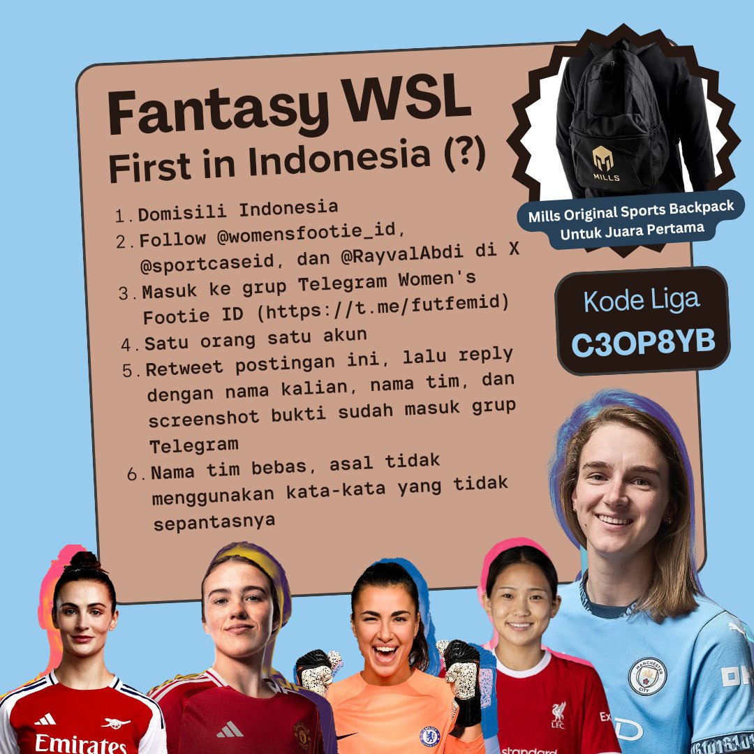 Ray 🧫 (@rayvalabdi) on Twitter photo Dalam rangka memasyarakatkan sepakbola perempuan di Indonesia, <a href="/sportcaseid/">SportcaseID</a> dan <a href="/womensfootie_id/">Women's Footie ID</a> mempersembahkan Liga Fantasi Women's Super League.
Bisa dimainkan lewat aplikasi Fantasy WSL atau situs fantasywsl.net
Aturan, kode, serta hadiah seperti berikut, enjoy! Dalam rangka memasyarakatkan sepakbola perempuan di Indonesia, <a href="/sportcaseid/">SportcaseID</a> dan <a href="/womensfootie_id/">Women's Footie ID</a> mempersembahkan Liga Fantasi Women's Super League.
Bisa dimainkan lewat aplikasi Fantasy WSL atau situs fantasywsl.net
Aturan, kode, serta hadiah seperti berikut, enjoy!