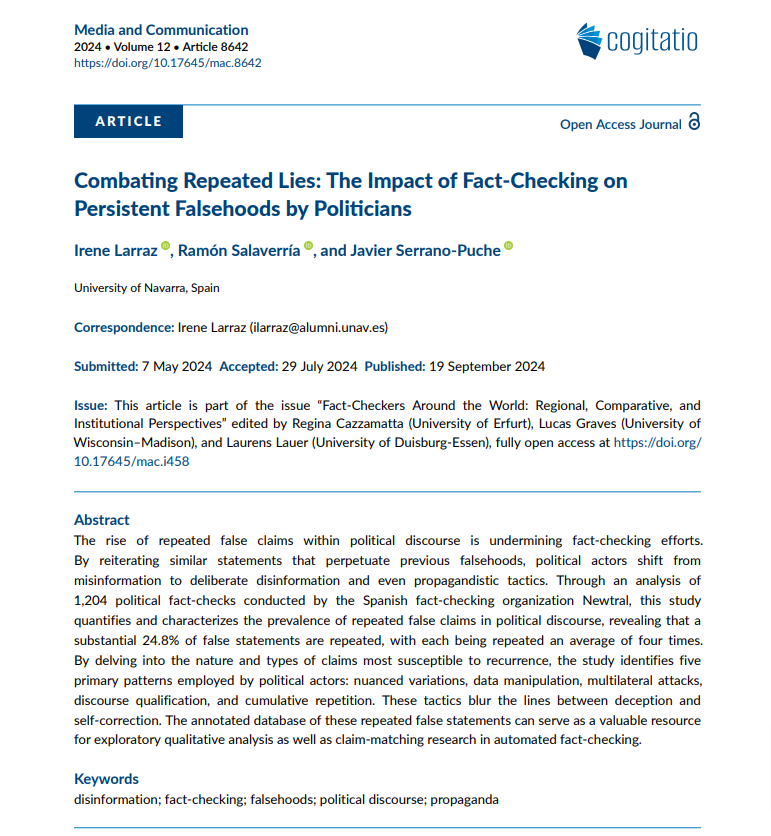 iberifier's tweet photo. Just out! Our new study reveals that Spanish politicians repeat 24.8% of their fact-checked falsehoods, often using tactics such as data manipulation and cumulative repetition. Co-authored by @irenelarraz, @rsalaverria &amp; @jasepuch. Free at @CogitatioMaC
➡️https://t.co/mYNhCKPvi8 https://t.co/oPYPPXkSYu