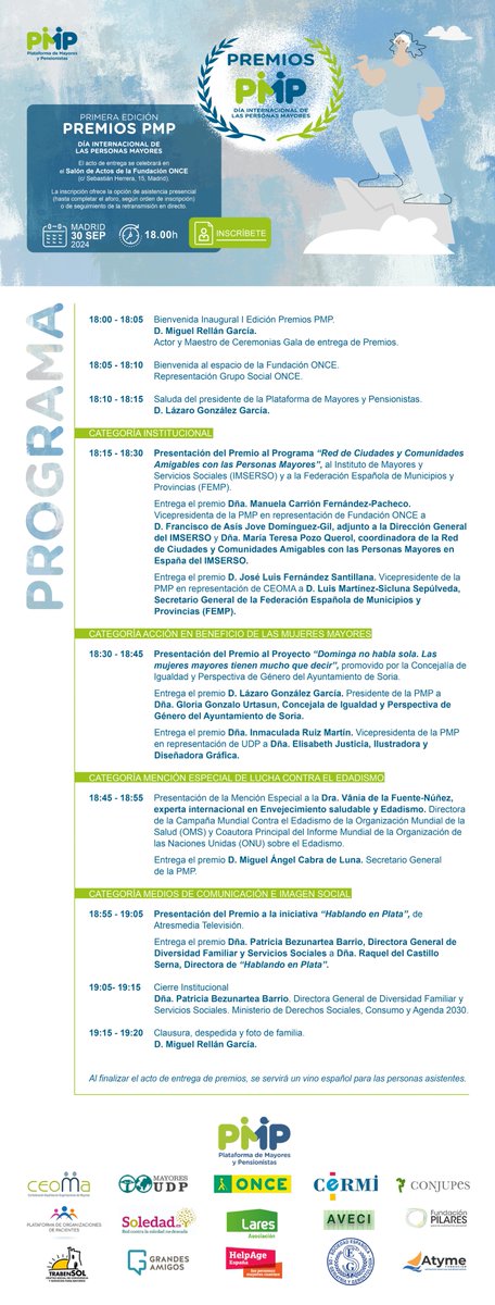🗓️El 30 de septiembre,  en la gala #PremiosPMP, Inmaculada Ruiz vicepresidenta de la <a href="/PlataformaPMP/">Plataforma de Mayores y Pensionistas</a> y presidenta de <a href="/MayoresUDP/">Mayores UDP</a>, entregará el galardón a la  Ilustradora <a href="/eli_justicia/">Elisabeth Justicia</a> 
 ¡Inscríbete y no te pierdas el evento!
🔗 bit.ly/4eu949X

+ℹ️ bit.ly/3XKONaF
