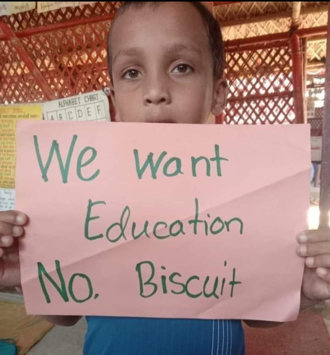 This photo tells a powerful story.

It reflects the situation of the Rohingya refugee children's education system in the camps in Bangladesh.

They want education, not your biscuits.

Let them have the opportunity to learn and build a better future.