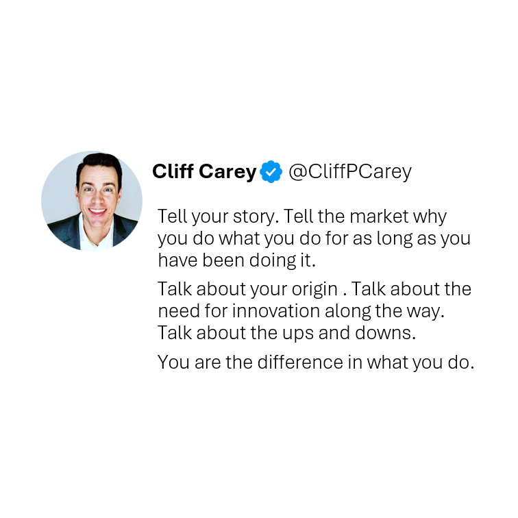 CliffPCarey's tweet photo. Tell your story. Tell the market why you do what you do for as long as you have been doing it.
Talk about your origin . Talk about the need for innovation along the way. Talk about the ups and downs.
You are the difference in what you do. https://t.co/wFGUIumJg2