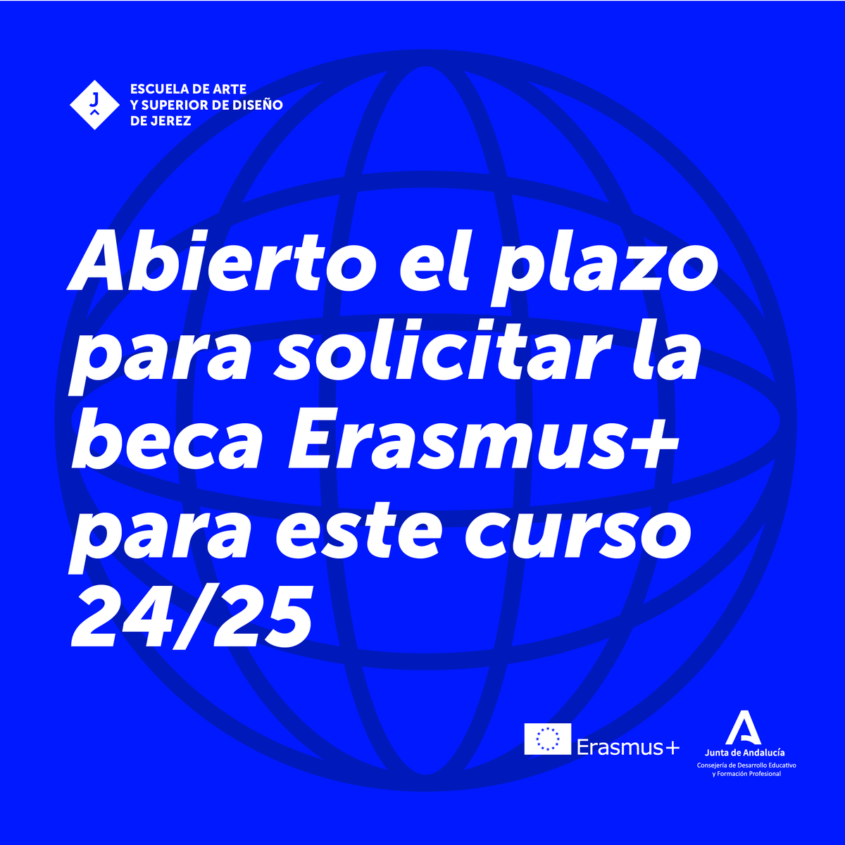 Se abre el plazo de la beca 🇪🇺 Erasmus+ en la modalidad ESTUDIOS o PRÁCTICAS para este curso. Del 20 de septiembre al 20 de Octubre.
¡Europa te espera! ¡No pierdas esta oportunidad! 🌍  ✈️
+info en nuestra web

#EASDJEREZ #escueladearte #futuro #erasmus #erasmus+  #europa