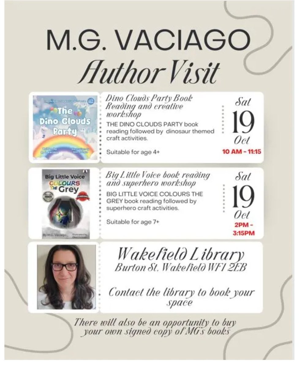 mgvaciago's tweet photo. SAVE THE DATE 19th October 
@WFlibraries I'm so excited to be running 2 book readings and workshops at Wakefield Library. If you are local to #wakefield it would be great to meet you all. 

@matadorbooks
#authorvisit #authorlife #libraries #libraryvisits https://t.co/dPJXyHNdcz