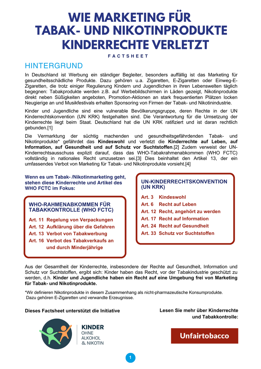 unfairtobacco's tweet photo. Im Rahmen der Initiative #KinderOhneAlkoholundNikotin veröffentlichen wir gemeinsam mit 14 weiteren Organisationen ein neues Factsheet.
Es zeigt, wie #Werbung für Tabak-&amp; Nikotinprodukte #Kinderrechte verletzt und warum es ein Werbeverbot braucht.⬇️
https://t.co/HoMAMyGW5j https://t.co/uhkGv7i1ih