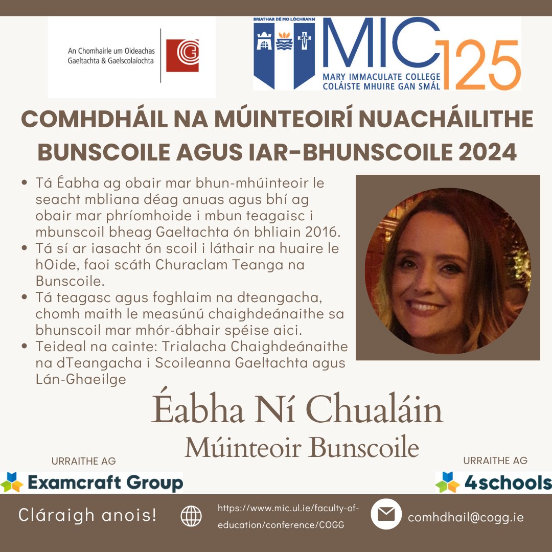 COGG Oideachas (@coggoid) on Twitter photo Comhdháil na Múinteoirí Nuacháilithe: Aoichainteoirí na Comhdhála 2⃣ Chun éisteacht le hÉabha ag roinnt a cuid taithí, cláraigh ag mic.ul.ie/faculty-of-edu………<a href="/MICEducationFac/">Faculty of Education, Mary Immaculate College.</a> <a href="/OidePrimGaeilge/">Oide Bunscoileanna</a> <a href="/INTOnews/">INTO (Irish National Teachers' Organisation)</a> <a href="/IPPN_Education/">IPPN</a> <a href="/ExamcraftGroup/">The Examcraft Group</a> <a href="/nichlochasaigh/">Karen Ní Chlochasaigh</a> <a href="/nicairtc/">Carmel Nic Airt</a> <a href="/MICEducationFac/">Faculty of Education, Mary Immaculate College.</a> Comhdháil na Múinteoirí Nuacháilithe: Aoichainteoirí na Comhdhála 2⃣ Chun éisteacht le hÉabha ag roinnt a cuid taithí, cláraigh ag mic.ul.ie/faculty-of-edu………<a href="/MICEducationFac/">Faculty of Education, Mary Immaculate College.</a> <a href="/OidePrimGaeilge/">Oide Bunscoileanna</a> <a href="/INTOnews/">INTO (Irish National Teachers' Organisation)</a> <a href="/IPPN_Education/">IPPN</a> <a href="/ExamcraftGroup/">The Examcraft Group</a> <a href="/nichlochasaigh/">Karen Ní Chlochasaigh</a> <a href="/nicairtc/">Carmel Nic Airt</a> <a href="/MICEducationFac/">Faculty of Education, Mary Immaculate College.</a>