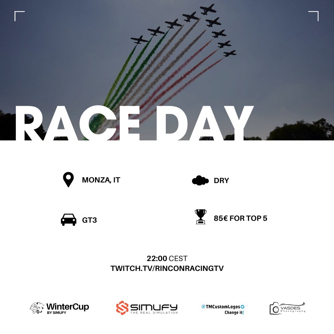 WinterCUP 2024!🏁

ROUND 2!🏁

Vamos con la segunda fecha de la 4ta edición de la WinterCUP, viajamos al templo de la velocidad, donde viviremos una carrera trepidante!🔥

🇮🇹 Monza.
🚗 GT3
⏰ 22:00hs CEST.
🎥twitch.tv/rinconracingtv