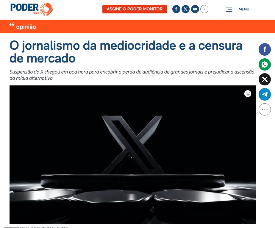 O artigo semanal da Paula Schmitt, <a href="/schmittpaula/">Paula Schmitt</a>,  mostra que o apoio dos jornalistas à censura do X no Brasil comprova a decadência e mediocridade do jornalismo tradicional, que está na UTI da moralidade. 

Schmitt critica fortemente os jornalistas que defendem a suspensão da