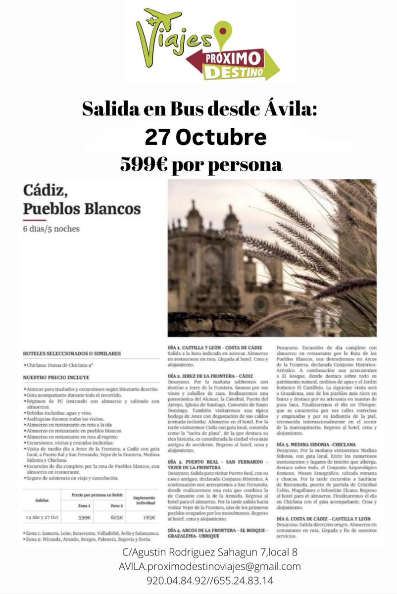 Salida desde Ávila!!!! 
27 Octubre . 
Cadiz pueblos blancos.

#cadiz #pueblosblancos #circuito #TuAgenciaDeViajes #avila #viajesproximodestino