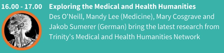23 Sep 4-5pm: Members of our Medical &amp; Health Humanities Working Group: Des O'Neill <a href="/Age_Matters/">Desmond (Des) O'Neill</a> Mandy Lee <a href="/mltcd/">Mandy Lee</a> &amp; Mary Cosgrave - with Jakob Sumerer, explore Medical &amp; Health Humanities as part of Trinity Arts &amp; Humanities Research Festival <a href="/TLRHub/">Trinity Long Room Hub</a> 👇
 tcd.ie/media/tcd/long…